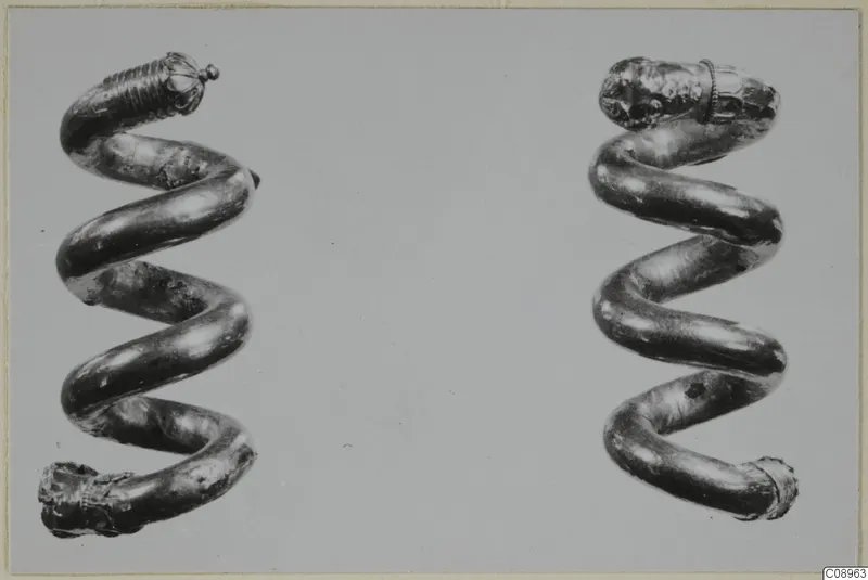 Two gold spiral objects, each a coil of tubular wire with decorated ends, shown side by side.
