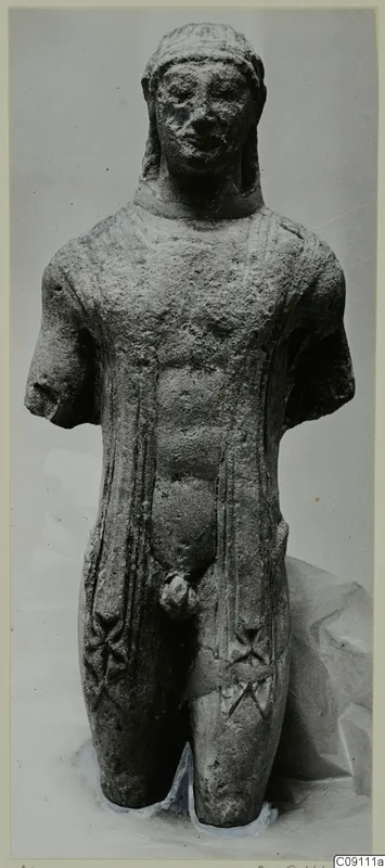 Limestone statue of a standing male figure from Mersinaki, shown from the front