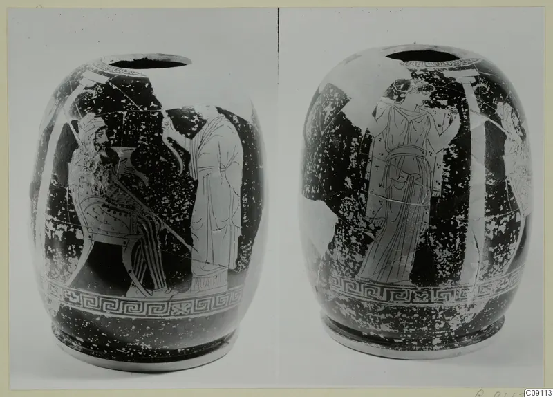 Two views of a wide-mouthed red-figured vessel with a seated bearded man and standing draped figures