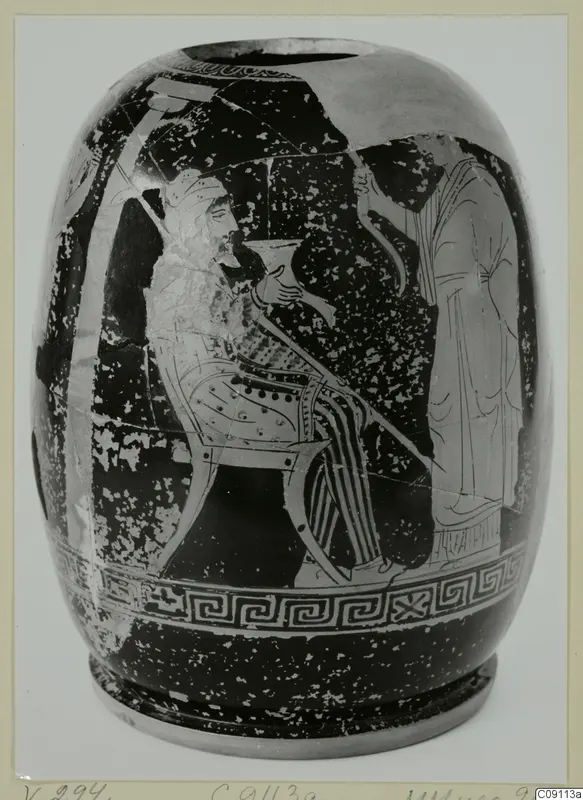 Red-figure pottery vessel with a seated bearded figure and a standing figure on a dark ground, key-pattern border below