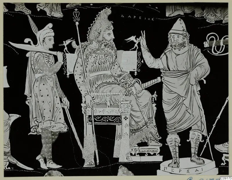 Drawing of a painted pottery scene: a bearded figure seated on a throne with a staff, and a figure with a sword at left.