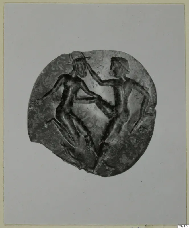 Glyptic: a round seal stone carved with two striding human figures, one reaching toward the other.