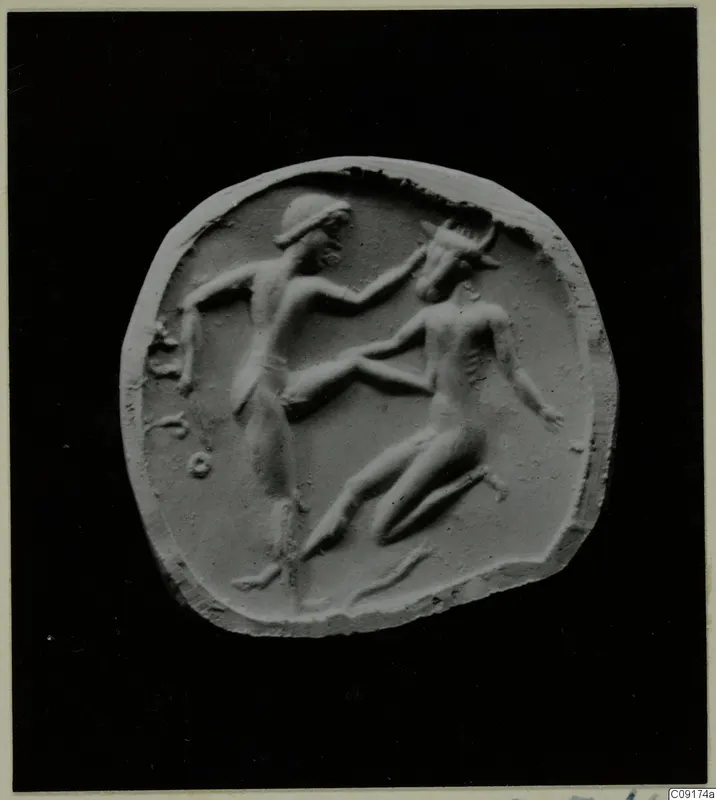 Glyptic: a pale relief of a headbanded figure in profile reaching toward a figure with a horned head