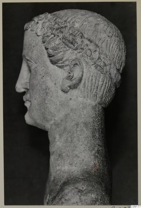 Side view of a marble head of a figure with wavy hair and an ear, face in profile to the left.