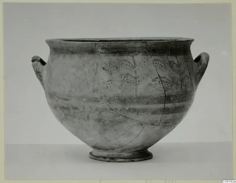 Levanto-Helladic bowl-jar with two small lug handles and painted dotted leaf motifs on stems