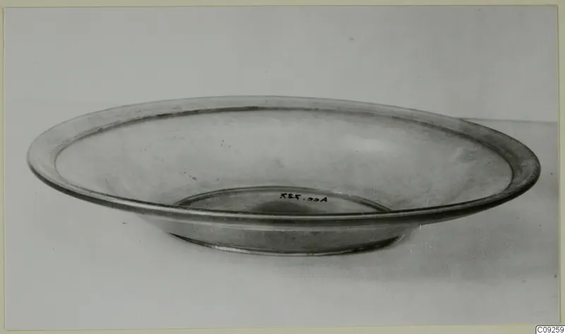 Blown glass bowl with a wide flat rim, shown on a plain surface.