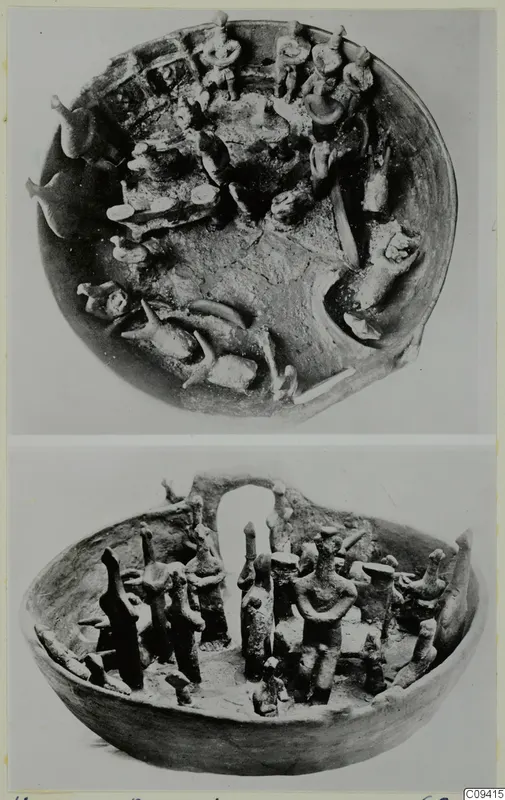 Terracotta bowl from Vounaous - Bellapais, seen from above and from the side, with small clay figures inside and on its rim