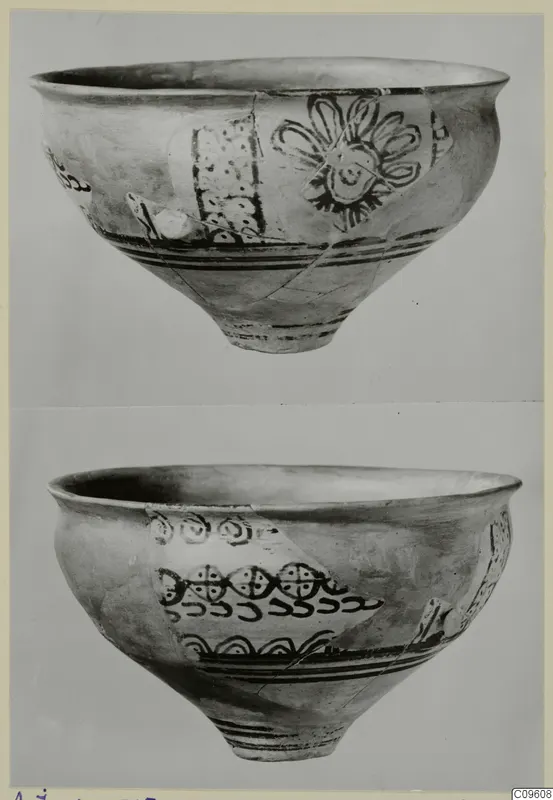 Two views of a Levanto-Helladic bowl-jar with dark painted flower, dot-panel and band decoration