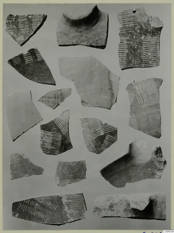 Pottery sherds from Enkomi, E.7 bottom layer, with painted parallel-line and hatched decoration.