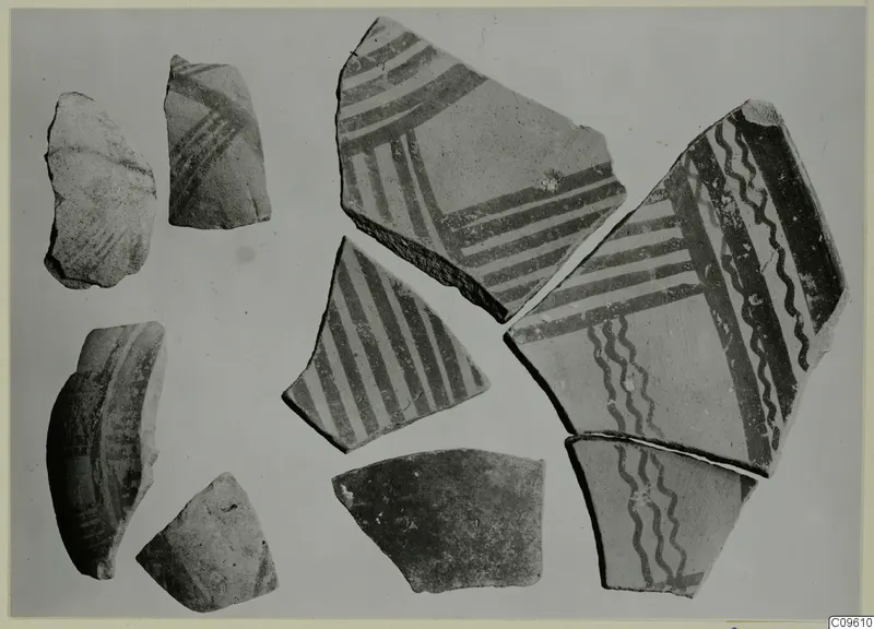 Several pottery sherds with dark painted bands, stripes and wavy lines, laid out on a light background.
