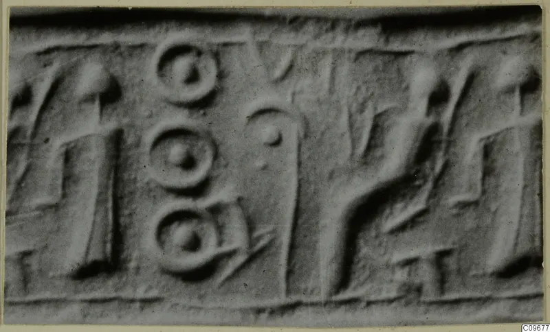 Glyptic: close view of a seal impression with three ring-and-dot motifs and linear figures