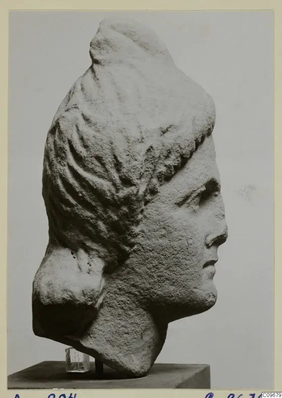 Stone head of a figure in profile facing right, with hair drawn back in wavy strands, on a dark base