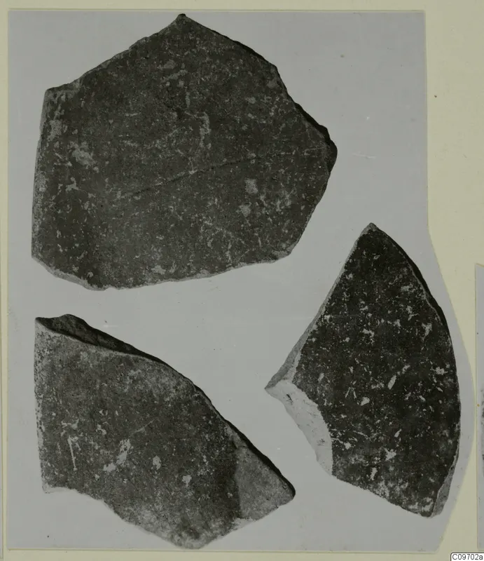 Three Levanto-Helladic pottery sherds with dark speckled surfaces, laid out on a grey card