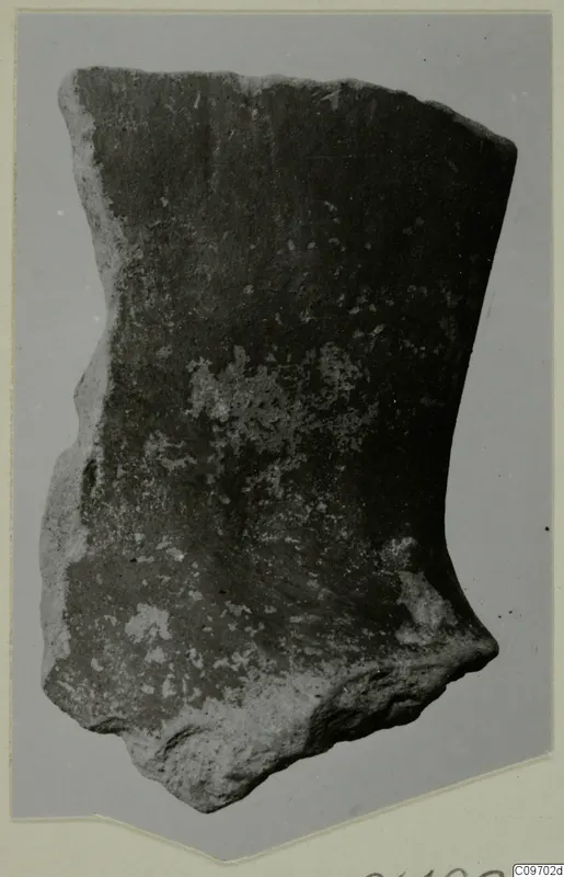 Levanto-Helladic sherd, a curved fragment of a vessel wall with a dark surface and pale patches