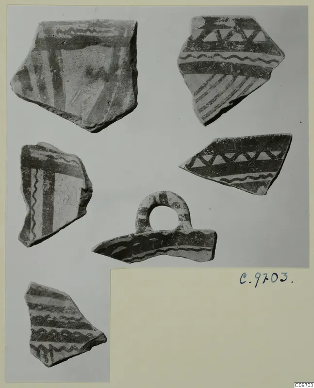 Lev. Hell. sherds: six painted pottery fragments with bands, wavy lines and triangles, one with a loop handle