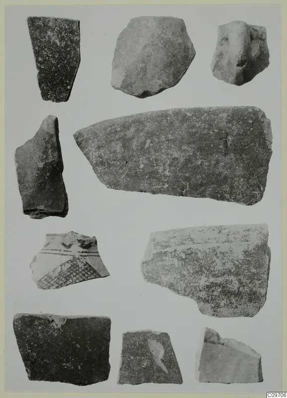 Ten pottery sherds on a pale ground, one with dark painted bands and cross-hatched decoration.