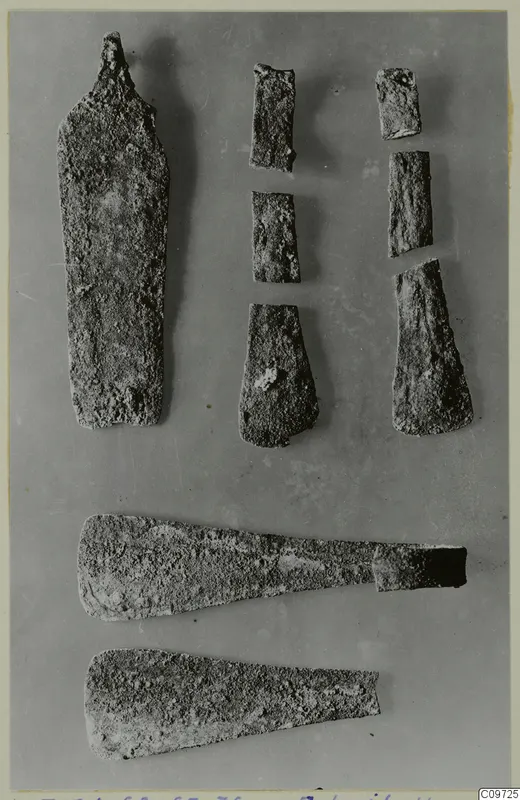 Several bronze tools and tool fragments laid out on a grey background