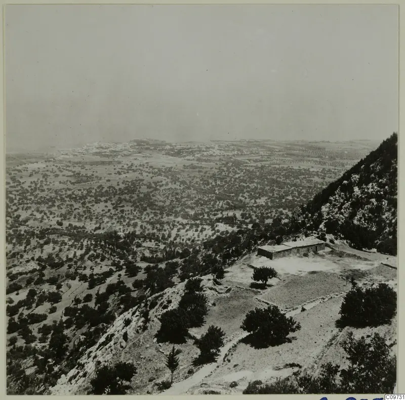 Wide view over a lowland valley with scattered trees, seen from a hillside with a small stone building.