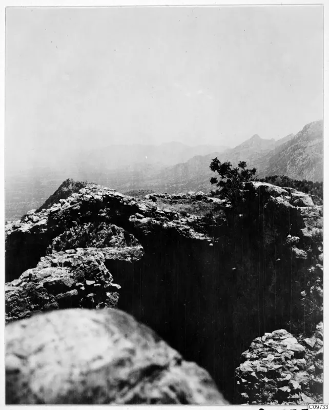 Rocky mountain landscape with a small shrub on an outcrop and hazy ranges beyond.