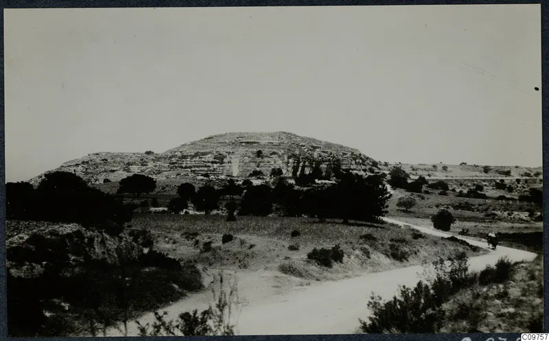 Flat-topped rocky hill with a tree-lined slope and a winding dirt road, at Paphos, Pano-Paphos, Kurion and Kalavaso