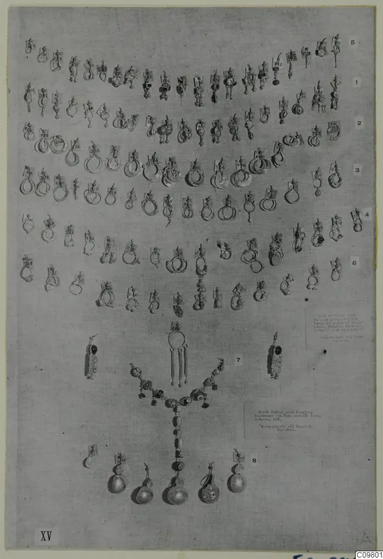 Rows of gold earrings and a bead necklace with pendants laid out on grey cloth, in numbered rows