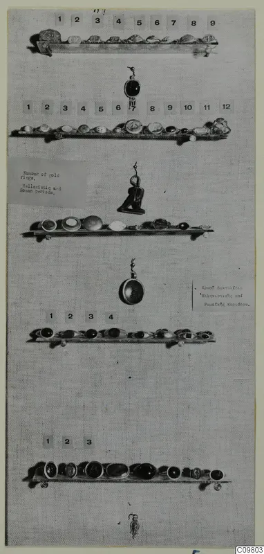 Rings and pendants from the Cyprus Museum, arranged in five rows on bars with numbered paper labels above them