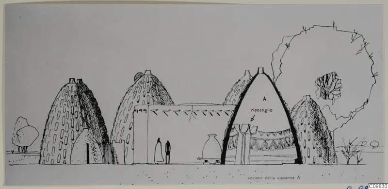 Ink drawing of domed huts in a row, with a cross-section of hut A at centre-right
