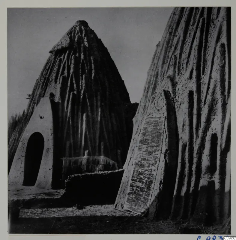 Conical mud huts with arched doorway and ridged walls, Musgum huts in Africa