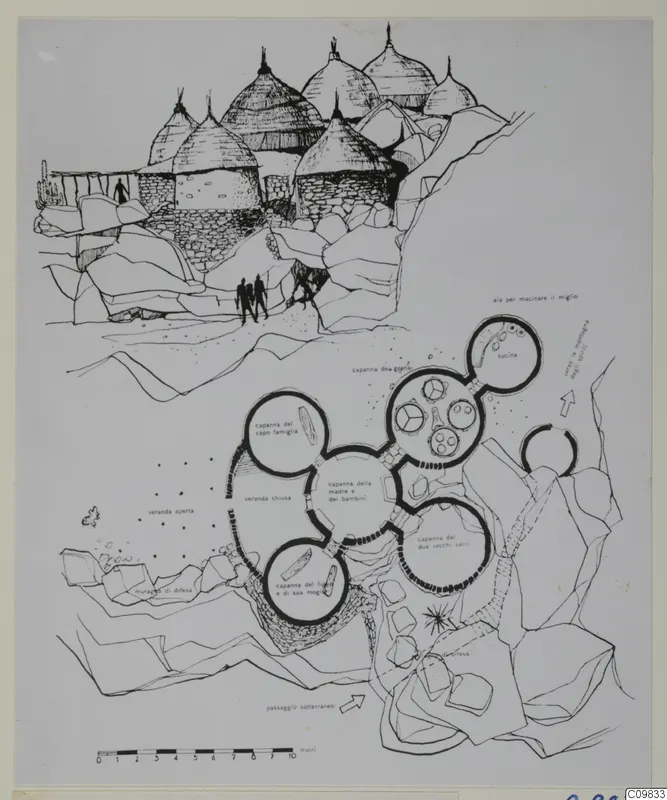 Plan and elevation drawing of the huts of a Matakam farm, round huts with conical roofs above a ground plan