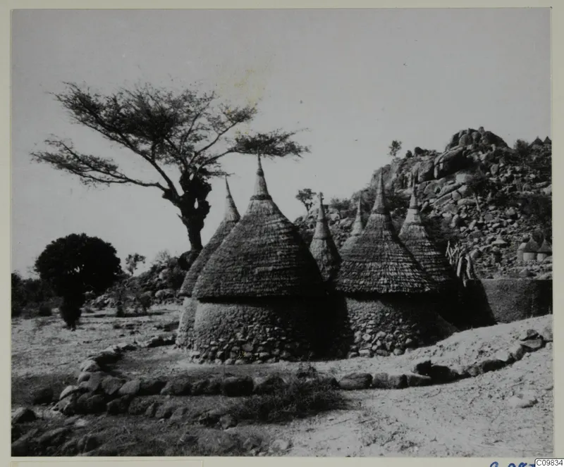 Matakam village of conical thatched huts with stone bases, a tree and a rocky hill behind