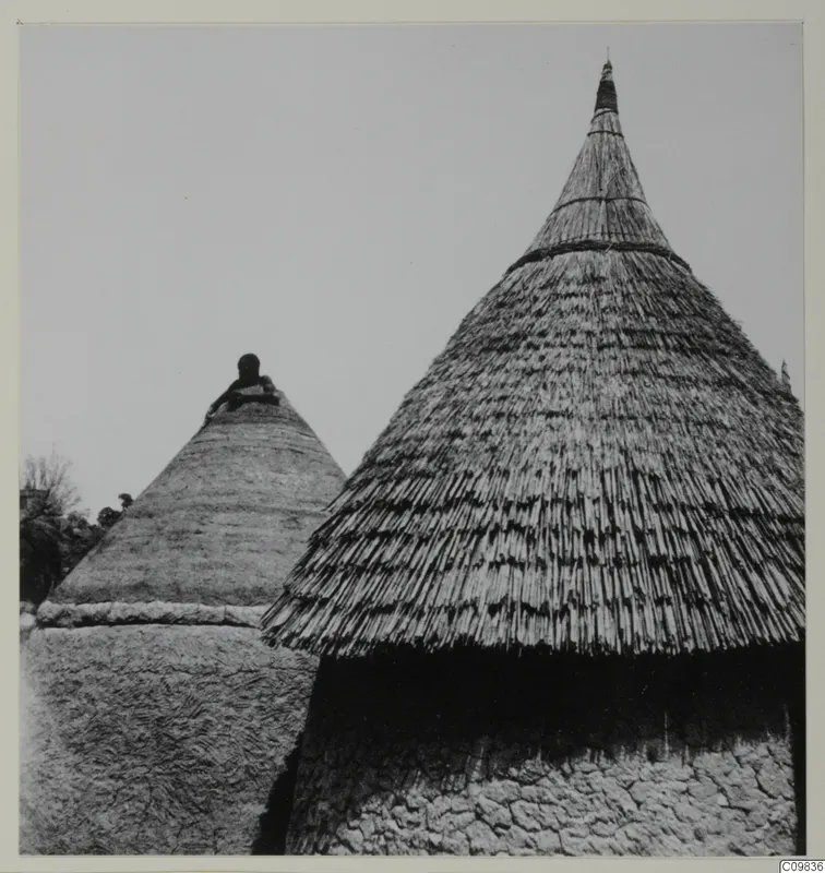 Two conical thatched huts with mud walls, photographed from below against an open sky
