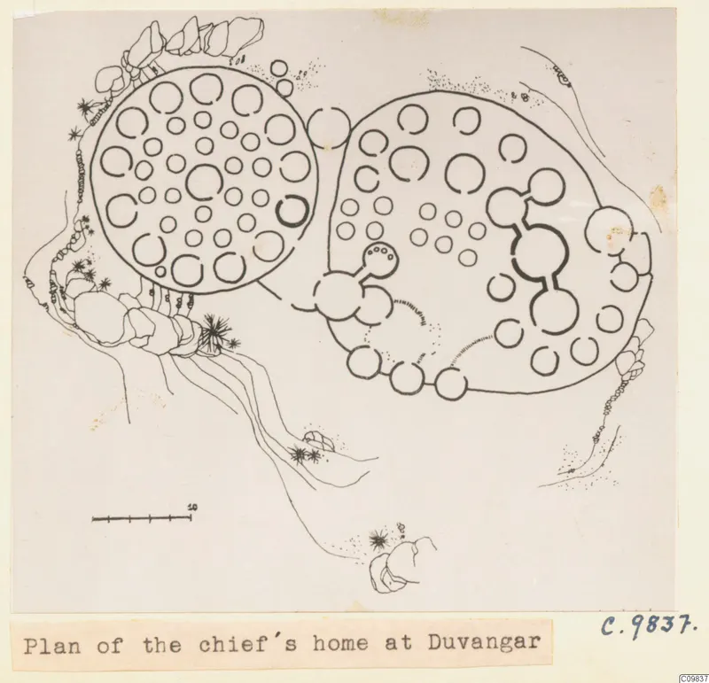 Plan drawing of the chief's home at Duvangar, showing two joined round enclosures with a scale bar