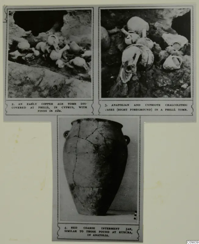 Card mount with three photographs: small vessels lying in a rock tomb, and a tall cracked jar on a plain backdrop