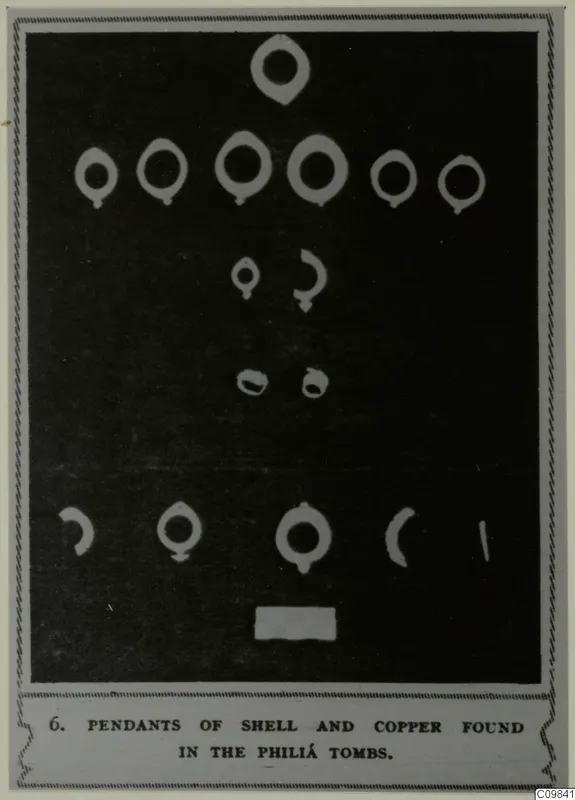 Printed plate of pendants, ring-shaped and crescent-shaped, arranged in rows against a black background