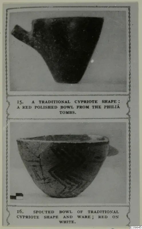 Mounted page with two photographs of pottery bowls: a dark polished spouted bowl and a bowl with dark zigzag bands
