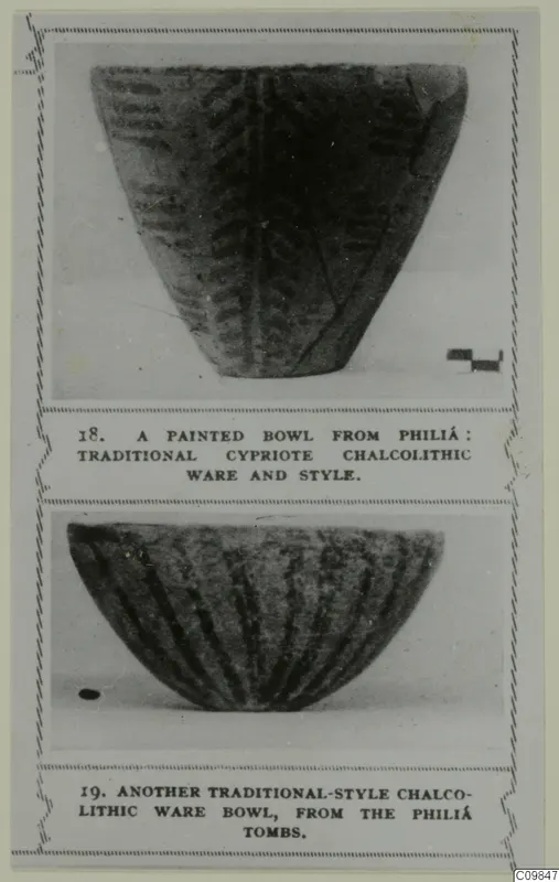 Two photographs on a printed card of pottery bowls: a tall bowl with dark painted bands and a deep bowl with radiating stripes.