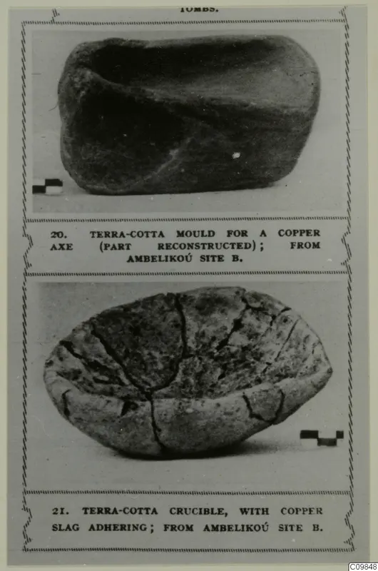 Printed page with two photographs of clay objects: a dark trough-shaped object above and a cracked, bowl-shaped object with grey crust below