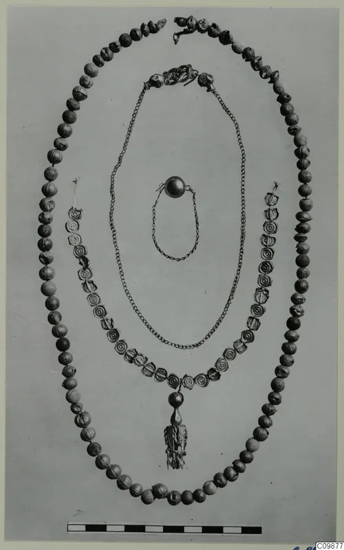 Three necklaces and pieces of jewellery laid out in loops on a grey backdrop, with a scale bar below.
