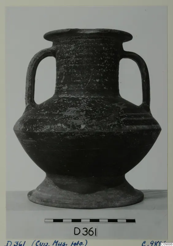 Two-handled jar with a flared rim and pedestal foot, seen from the side