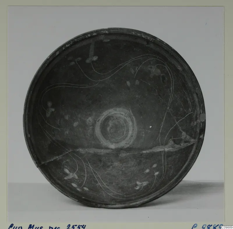 Shallow dark bowl seen from above, with thin pale curved lines and a ring of concentric circles at its centre.