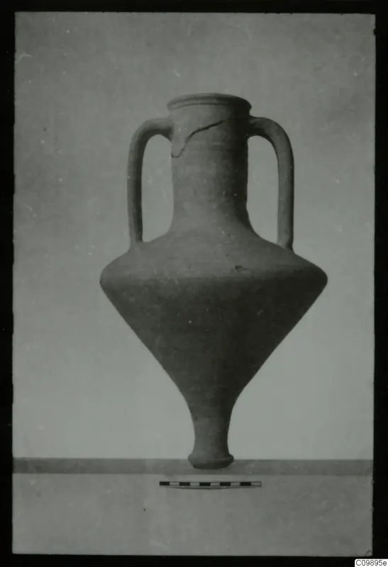 Two-handled jar with a narrow neck and tapering body, shown against a plain background beside a scale bar