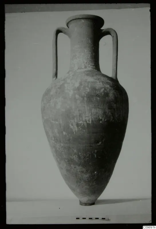 Large two-handled storage jar with a narrow neck and pointed base, photographed against a plain background.