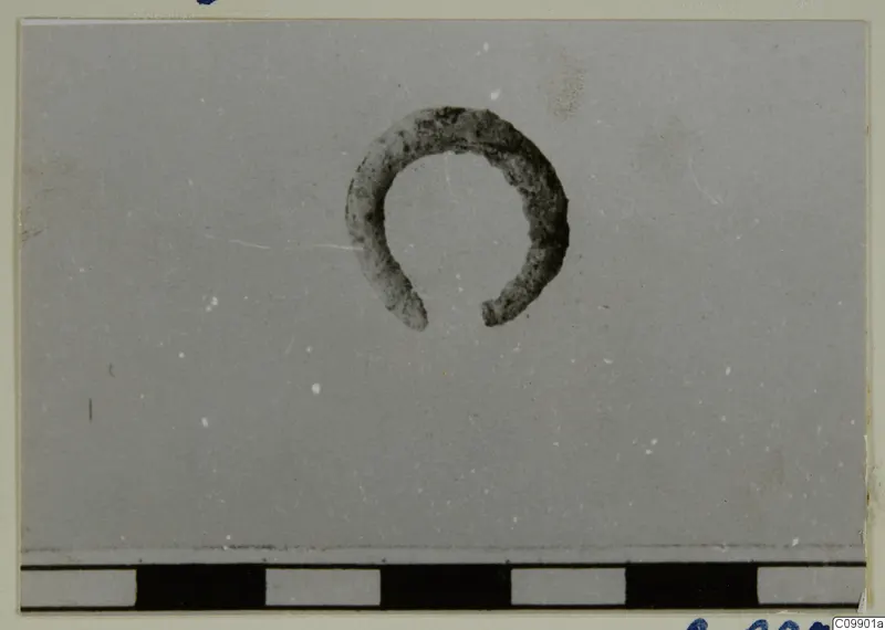 Corroded ring, open at the lower end, photographed on a grey background above a scale bar