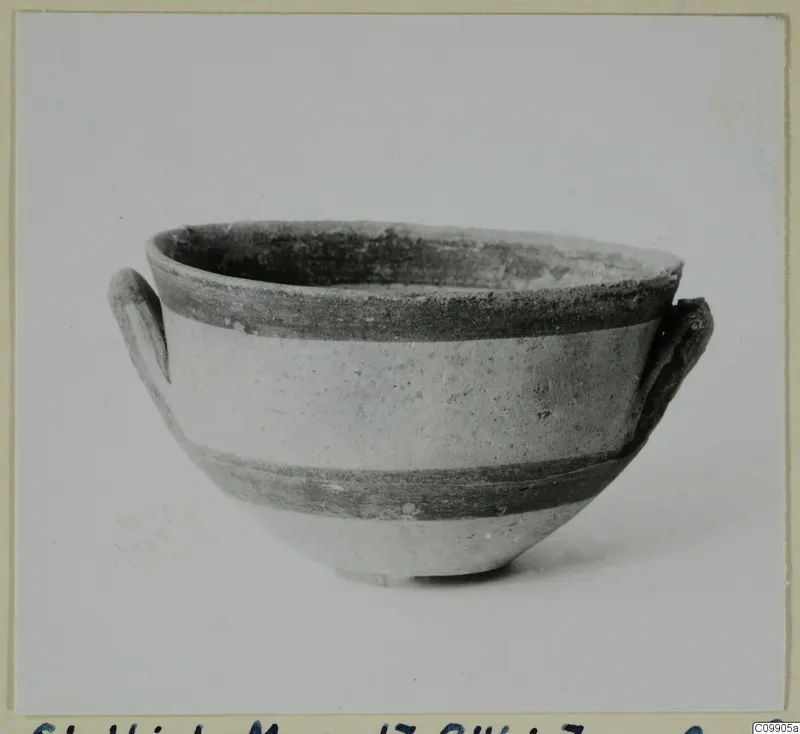 White Painted III-1 bowl with two handles and dark painted bands, shown against a plain background