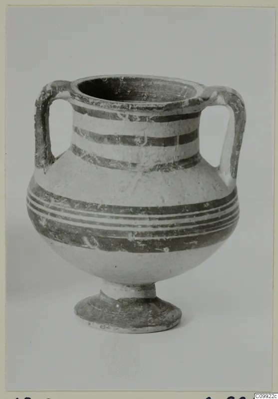 Amphoriskos, a small two-handled jar with a footed base and dark painted bands