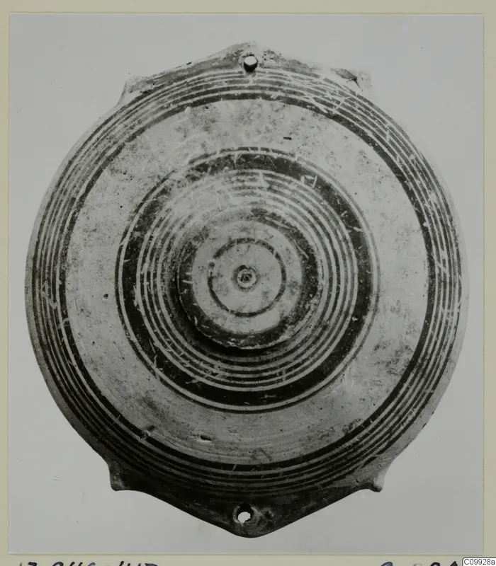 Shallow round bowl seen from above, with many concentric dark bands and a raised central boss