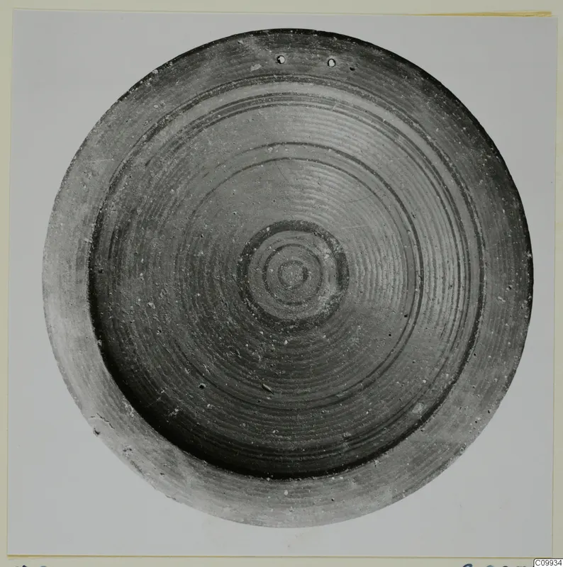 Shallow bowl seen from above, with concentric dark painted bands and a small central ring motif