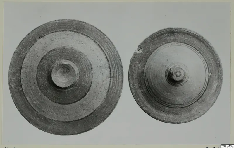 Two bowls seen from above, one larger, both with concentric grooves and a central knob.