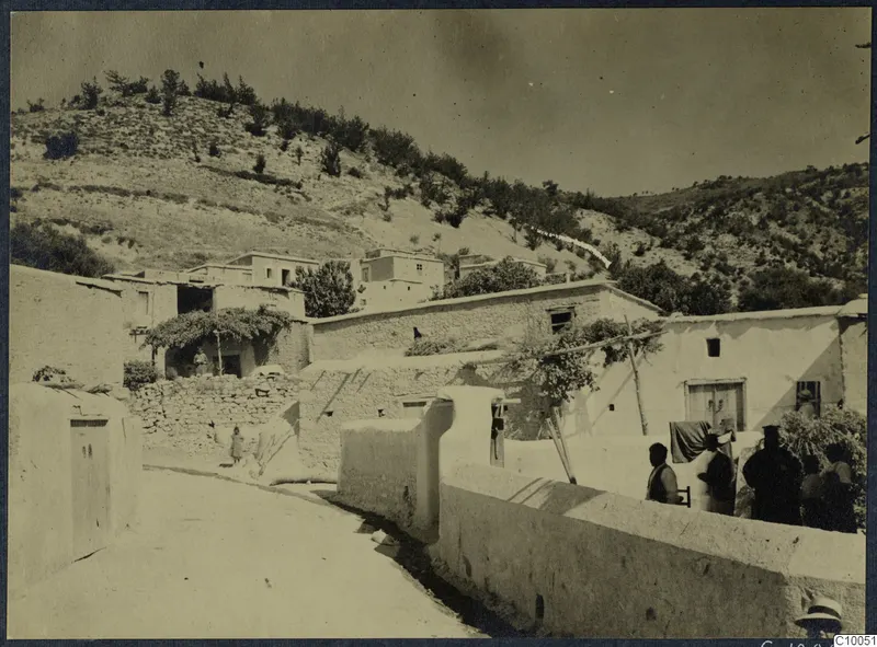Village lane at Machairas, Troodos, with whitewashed houses, a steep wooded hillside and several people beside a wall