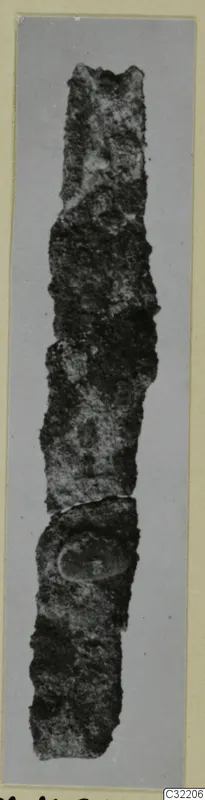 Corroded iron tool from Marion, long and narrow with a crusty surface.